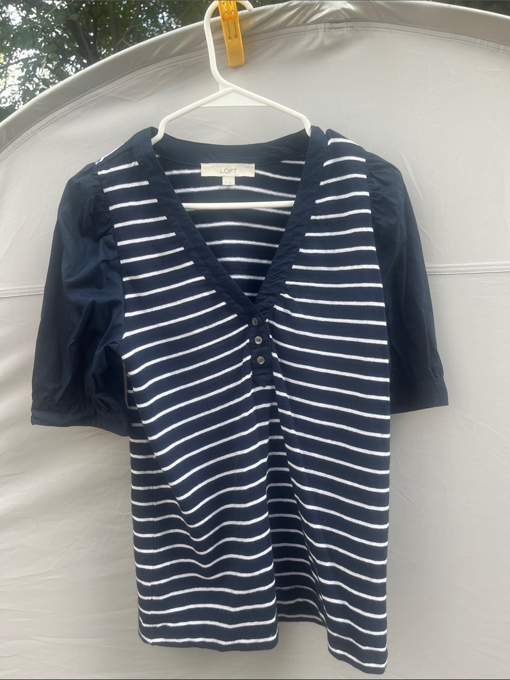 LOFT Navy & White Striped V-Neck Button Front Top with Puff Sleeves